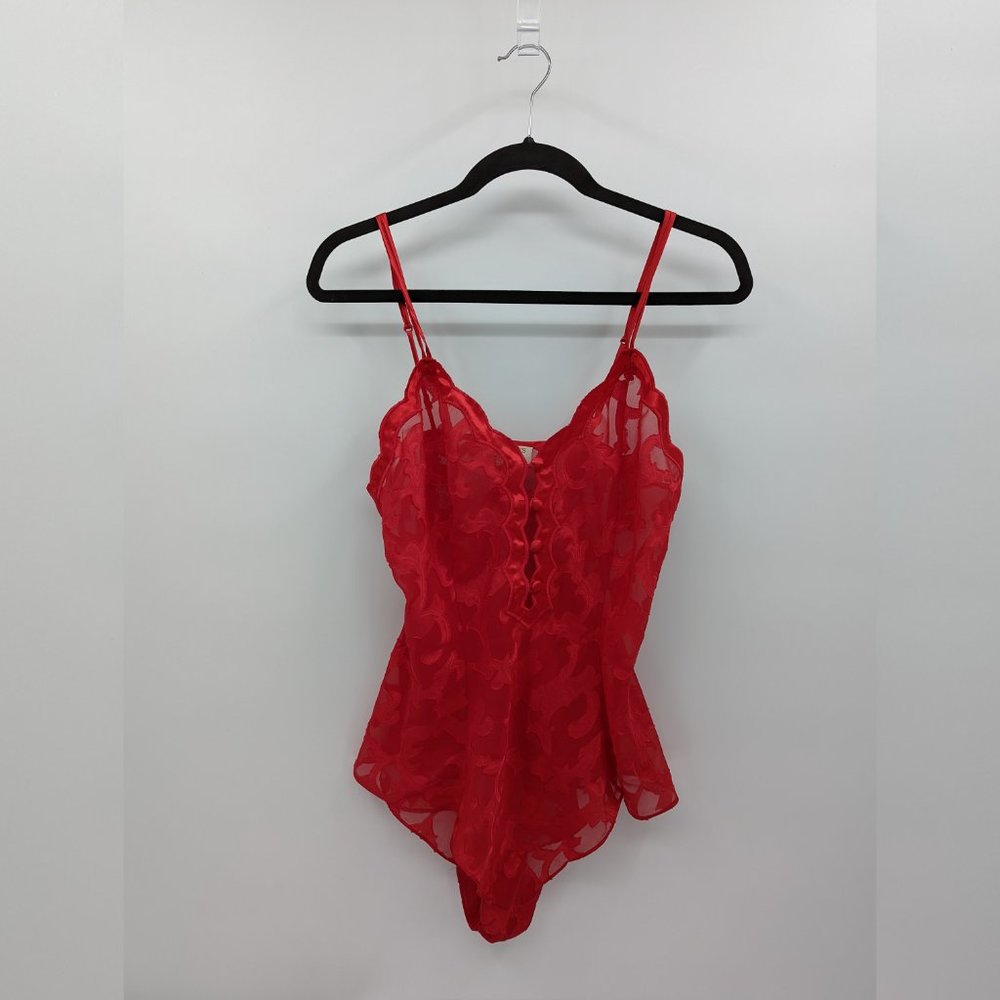 VTG Victoria Secret Gold Label Red Teddy Bodysuit Snap Crotch M